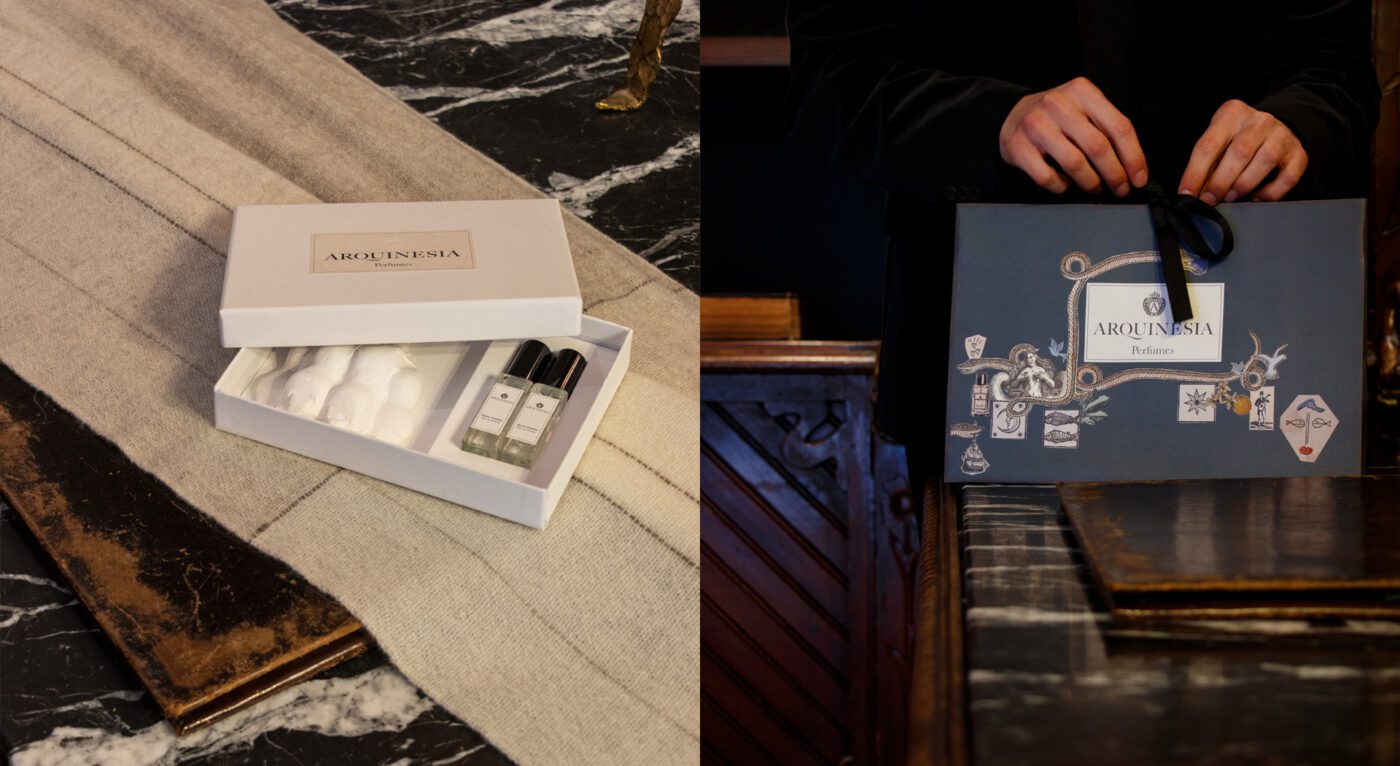 Aquest set combina la delicadesa de l’olfacte i el tacte: les notes florals del perfum Secret Garden d’Arquinesia es barregen amb la suavitat i el tacte natural del xal Baatsa de Teixidors.